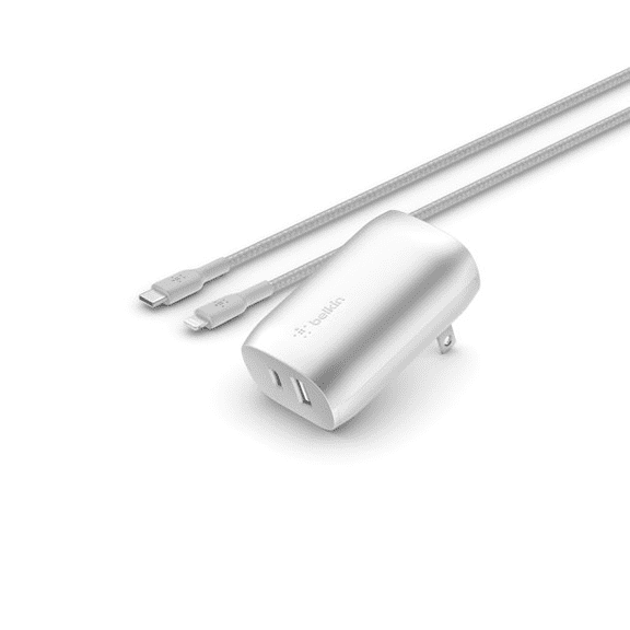Open Box Belkin Boostcharge 37W PPS Dual Wall Charger, 5 ft USB-C to Lightning Cable, Apple Made For iPhone Certified - Silver