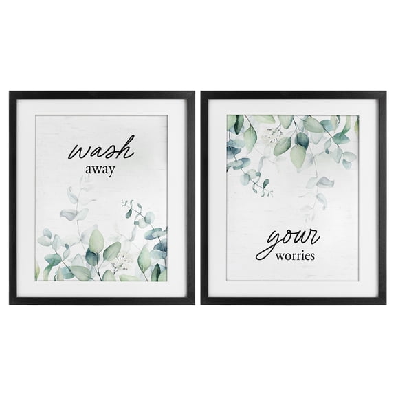 Wash Away Your Worries Leaves 2 Piece Black Framed Print Under Glass Set, design by Lettered and Lined