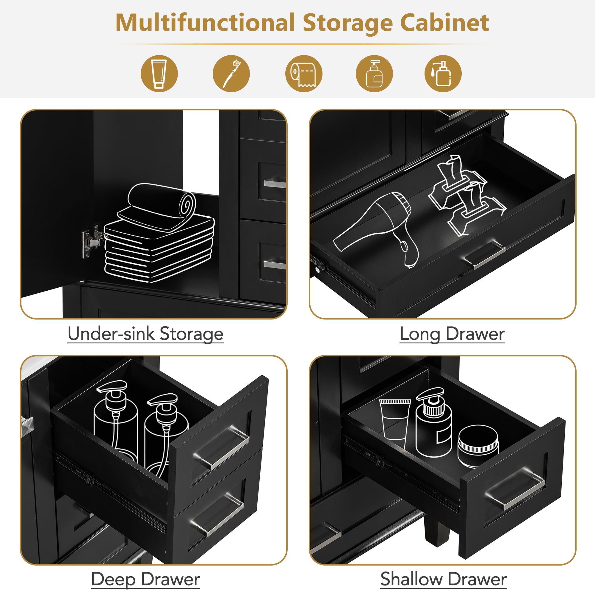 Harper & Bright Designs 30" Bathroom Vanity, Bathroom Cabinet with Sink Combo Set, Bathroom Storage Cabinet with Soft Closing Door and 3 Drawers, Black