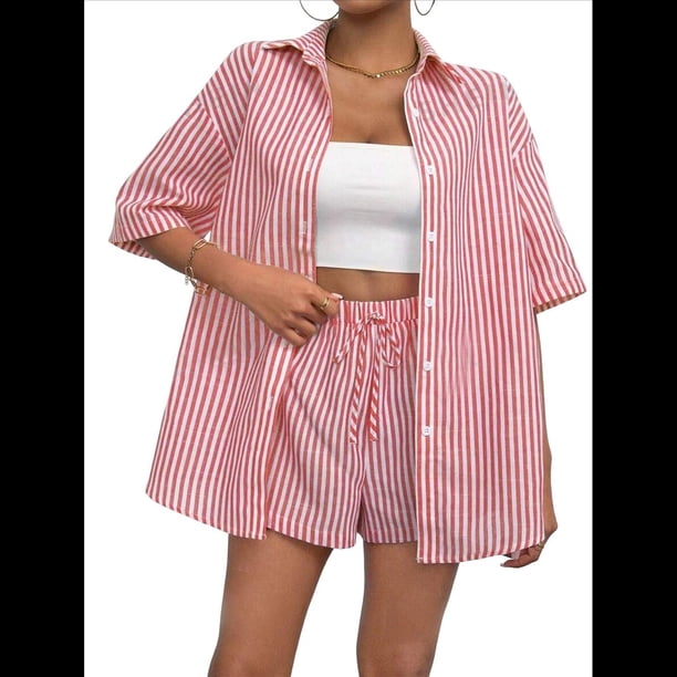 Pijama de 2 Piezas para Mujer, con Botones A Rayas, Corta, Solapa y Pantalón Corto. Rojo S