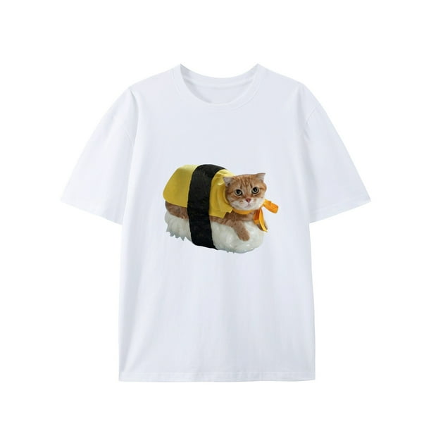 1pc Sushi Cat Print T-Shirt, 100% Cotton Crew Neck Short Sleeve Tee, Casual Summer Fashion Top with Rib-Knit Details, Knit Fabric, Regular Fit for Adults - Weekend Casual Wear
