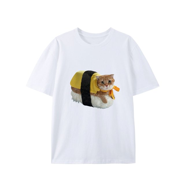 1pc Sushi Cat Print T-Shirt, 100% Cotton Crew Neck Short Sleeve Tee, Casual Summer Fashion Top with Rib-Knit Details, Knit Fabric, Regular Fit for Adults - Weekend Casual Wear