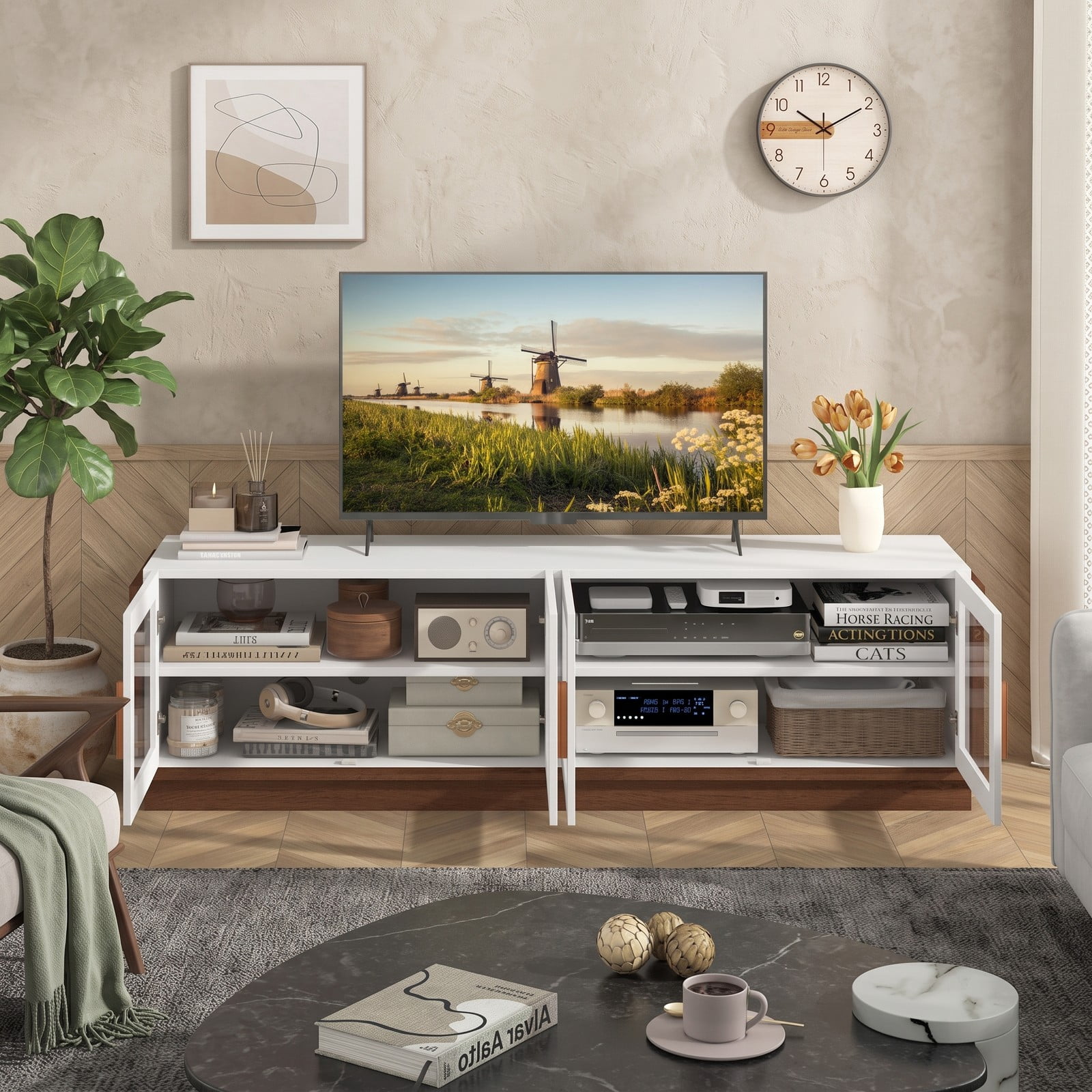 Furnibear Large TV Stand for TVs up to 75 Inch, Modern Entertainment Center with 4 Tempered Glass Doors, 2 Cabinets and Adjustable Shelves, Cable Management, White