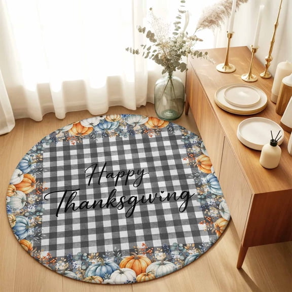 Round Rugs 5Ft, Thanksgiving Round Area Rug Washable Indoor Throw Carpet, Fall Orange Blue Pumpkin Leaves Plaid Soft Non Slip Circle Rug for Cabinet Bathroom Home Decor Aesthetic