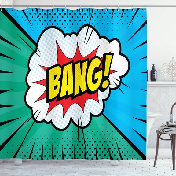 Ambesonne Pop Art Shower Curtain, Retro Comic Book Bang Sign, 69"Wx70"L, Sky Blue and Sea Green