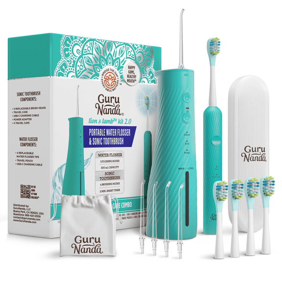 GuruNanda Lion & Lamb Kit 2.0 Electric Toothbrush with Water Flosser, 4 Jet Tips, 4 Brush Heads, Teal