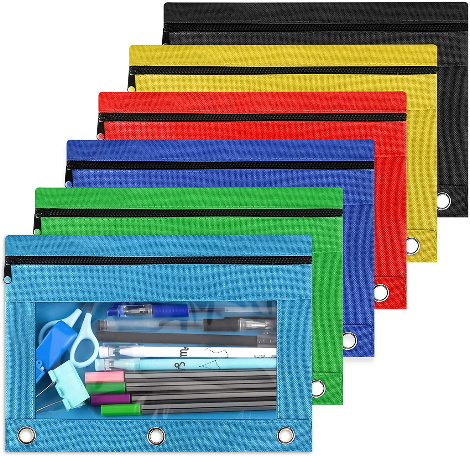 Pencil Pouch for 3 Ring Binder, Bulk 6 Pack 3Holes Zipper Pencil