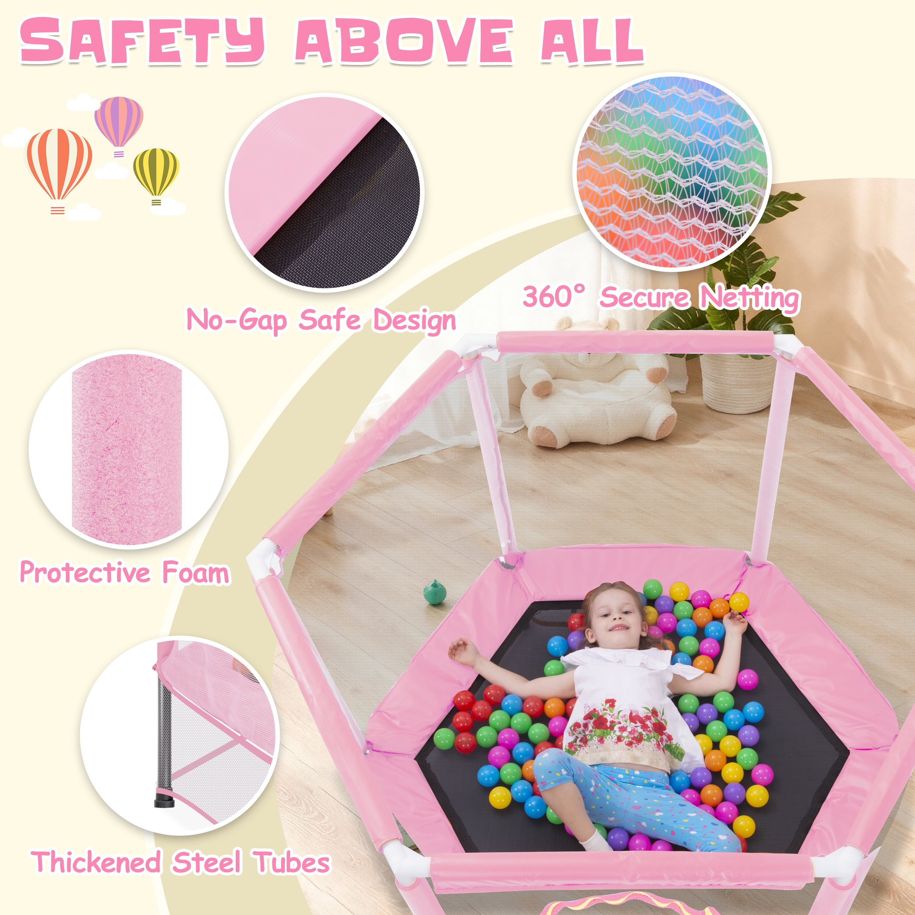 EUROCO 55" Mini Toddler Trampoline with Ocean Balls, No-Gap Design, Small Round Trampoline for Kids with Upper&Lower Safety Net