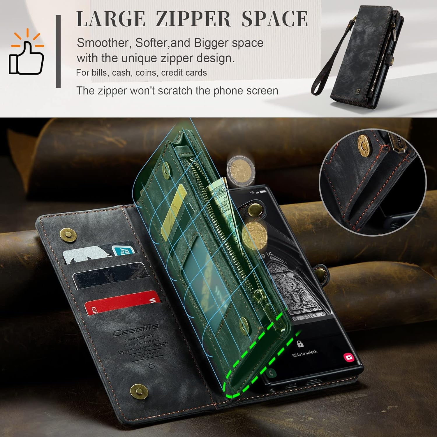 2 in 1 Detachable for Samsung Galaxy S23 Ultra Wallet Case with Card Holder, Retro Premium Flip Leather Cover  Zipper Pocket Phone Cases 6.8'' (Black,S23 Ultra)