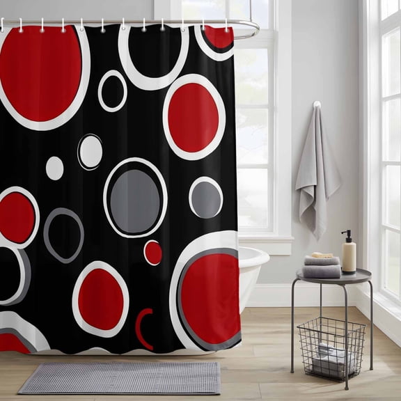 Bathroom Shower Curtain Abstract Red Black Circle Waterproof Shower Curtains with Hooks, Color Block on Black Bath Curtains Bathtub Curtain Home Decor 36x72in