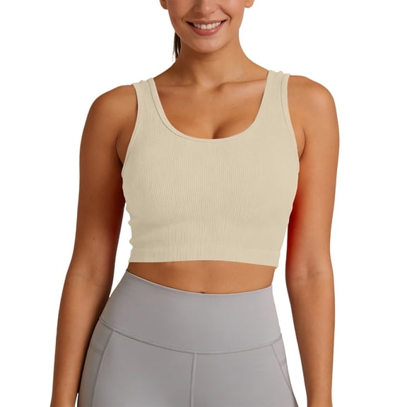 Y-Sunset Women's Ribbed Knit Crop Tank Top, Seamless Square Neck Sleeveless Cropped Cami, Form-Fitting Workout & Casual Basic Top for Everyday Wear(Beige/L)