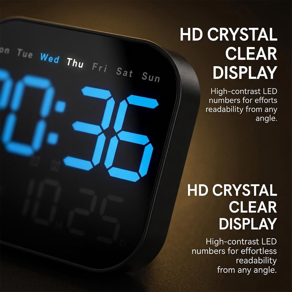 Digital Wall Clock Large Display 2026 | LED Alarm Clock with Remote, Temperature, Calendar Day, Dimmable Brightness, Timer | Battery Operated for Wall or Desk | Modern Home Bedroom Office