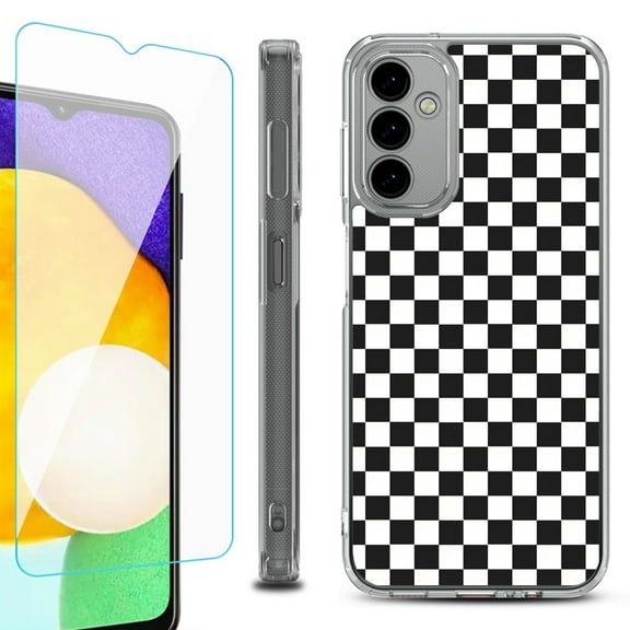 Shockproof Bumper Phone Case for Samsung Galaxy A14 5G, with Tempered Glass Screen Protector, by OneToughShield ® - Checker B/W