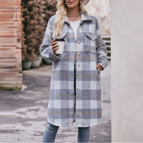 Qetyuw Long Trench Coat for Women Winter Plaid Long Sleeve Overcoat Oversized Wool Blend Button Down Peacoat
