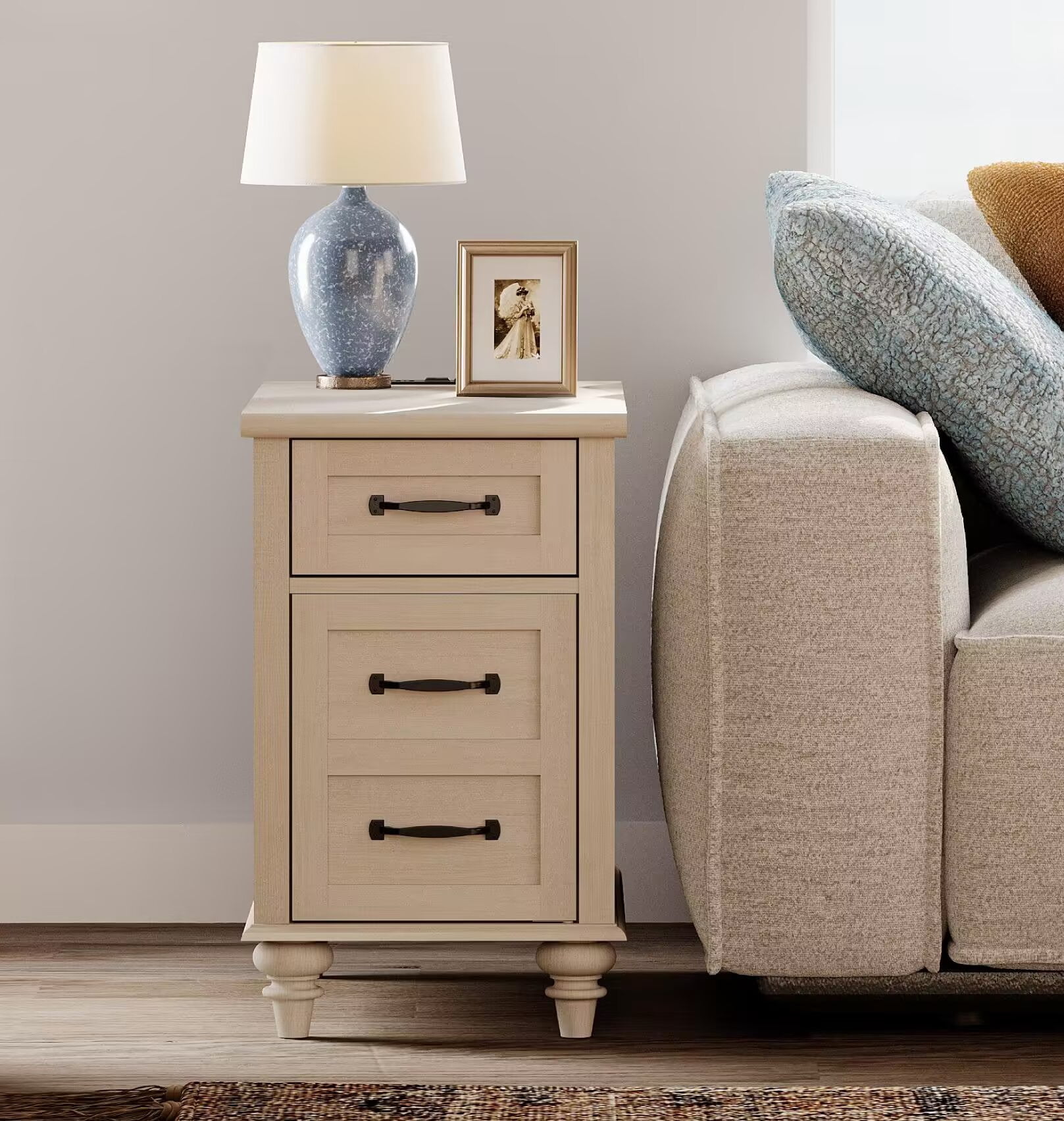 Farmhouse Side Table with Power Outlets & USB Ports & Drawer for Living Room, Bedroom