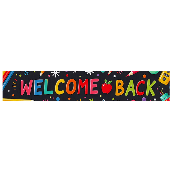 Colorful Welcome Back Banner with School Supplies Elements Backdrop Background Party Decorations for School Reopening Events Classroom Parties Student Gatherings
