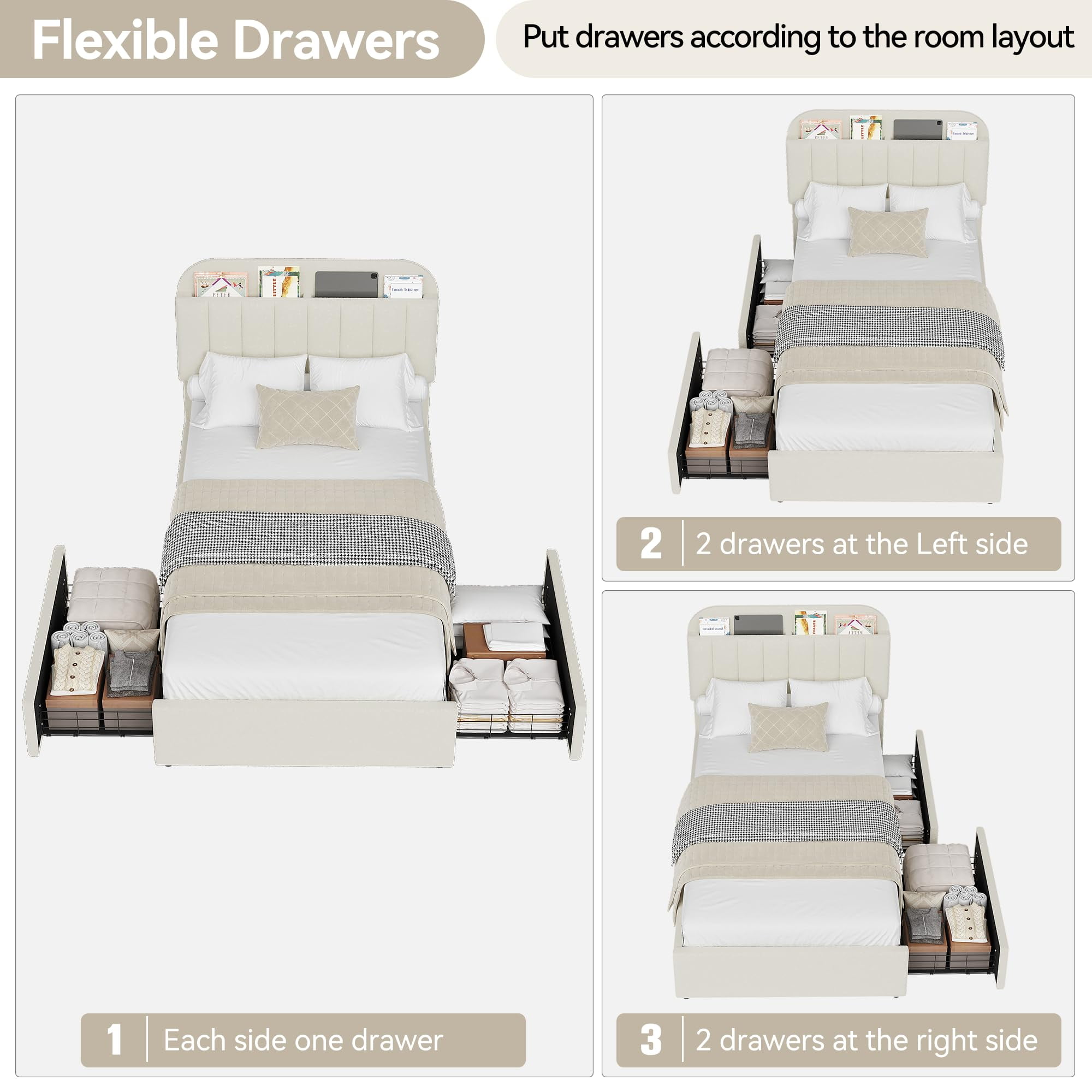 Upholstered TWIN Platform Bed, TWIN Size Bed Frame with Storage Underneath and Headboard, Wood Platform Bed for Bedroom (White)