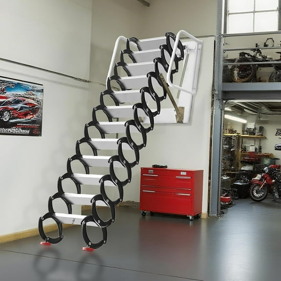 Metal Attic Ladder, 12 Steps Attic Staircase with Handrail, Maximum Load Capacity 1200 lbs Attic Ladder Pull Down System, Suitable for Attics, Garages, Roofs, Basements​