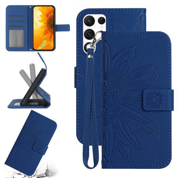 Feishell Slim Wallet Case for Samsung Galaxy S22 Ultra,for Men Women,Sunflower Embossed Pattern PU Leather Flip Cover Magnetic Closure Folio Card Slots Kickstand Phone Case with Hand Strap,Darkblue