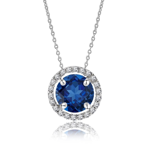 JeenMata Solitario de talla redonda de 1,25 quilates - Zafiro azul - Collar con colgante de halo con piedra natal de septiembre chapado en oro blanco, adulto, mujer