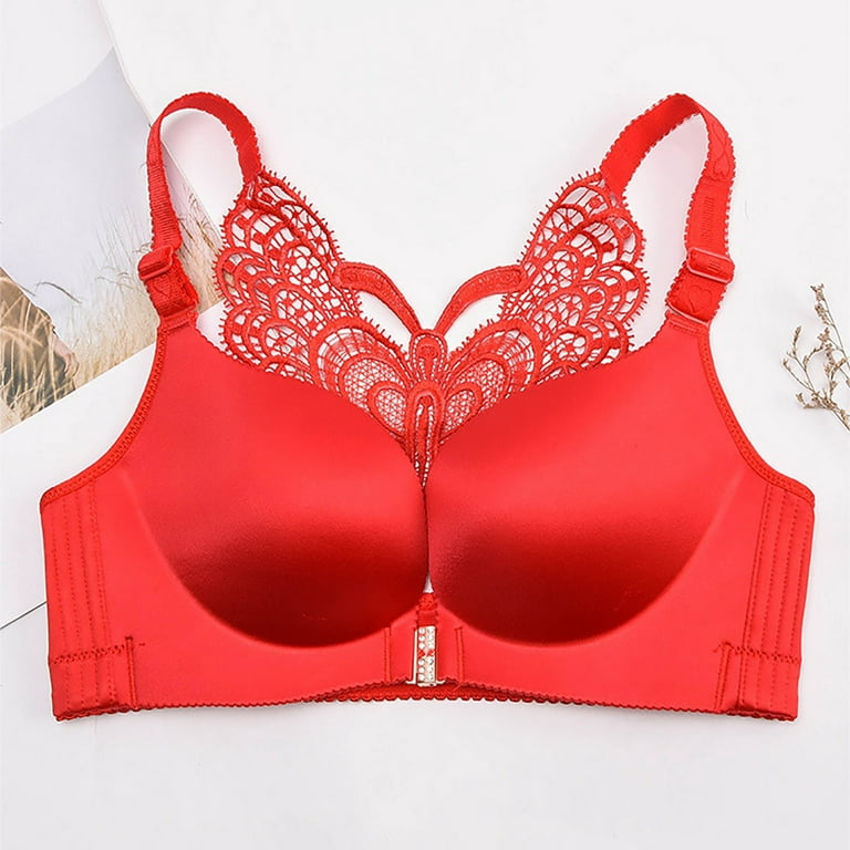 Qcmgmg T Shirt Bra Front Closure Wireless Bra Butterfly Back Workout Bra  Full Coverage Push Up Workout Bras Red 3885B