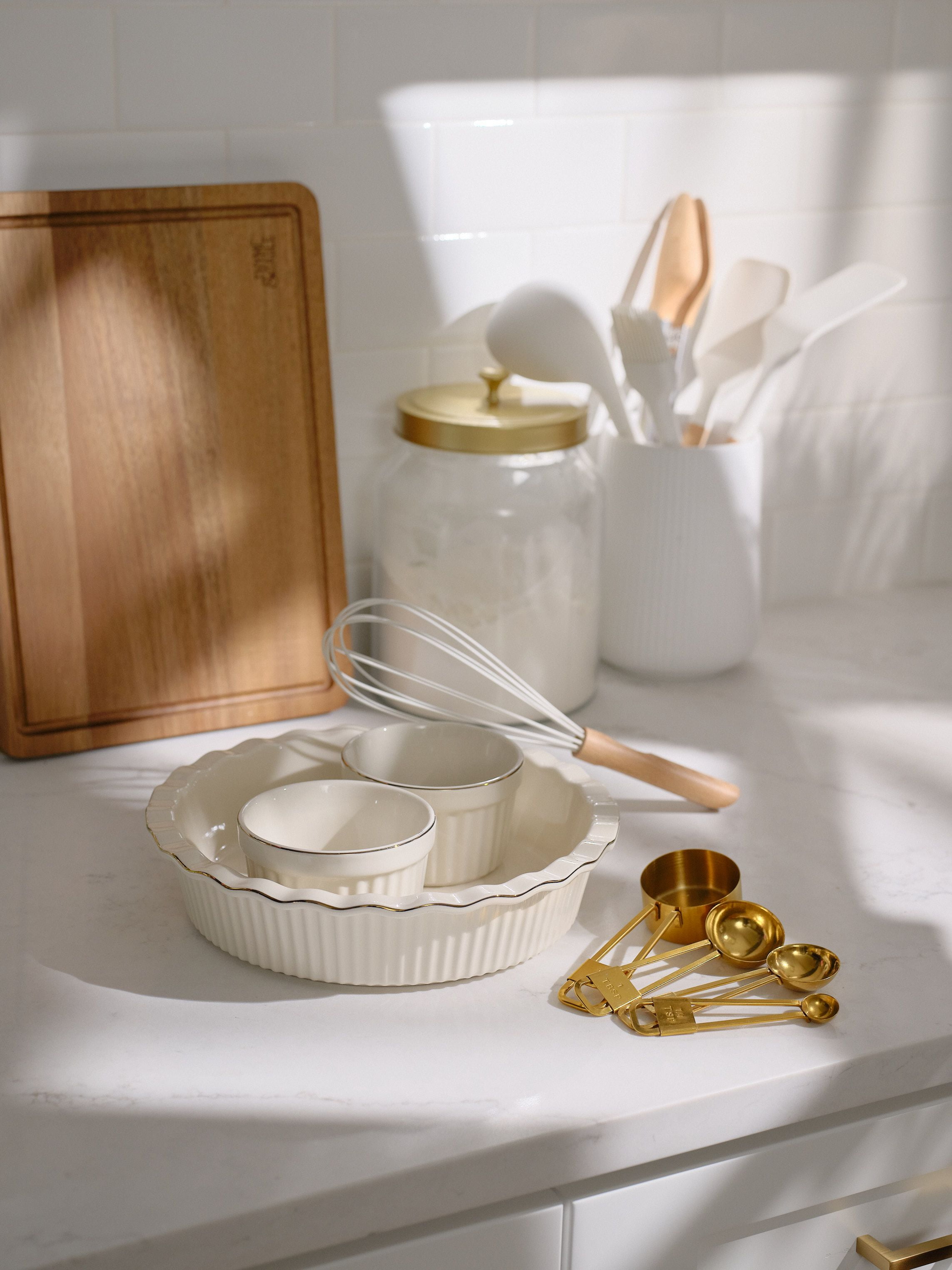 Thyme & Table Pie Dish and 2-Piece Ramekin Set, White Ribbed Ceramic