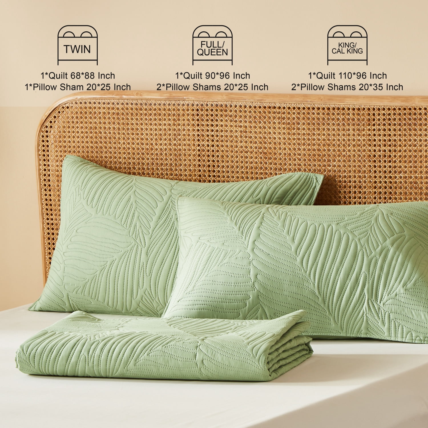 Davulos 3 Pieces Queen Quilt Bedding Set Soft Lightweight Sage Green Bedspread with Leaf Pattern,Microfiber Bed Coverlet Full Size for All Season(1 Quilt, 2 Shams)