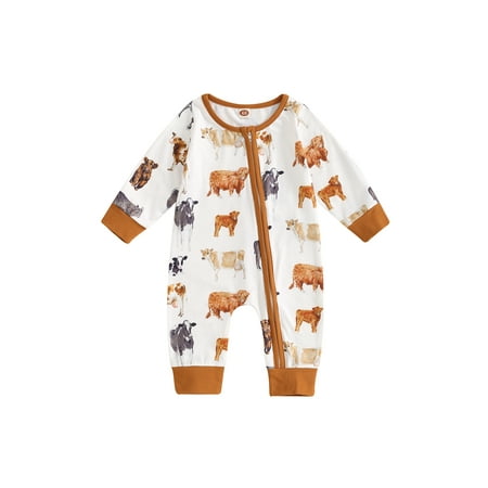 

ESASSALY Baby Boys Jumpsuit Long Sleeve Cow Horse Print Zipped Casual Romper
