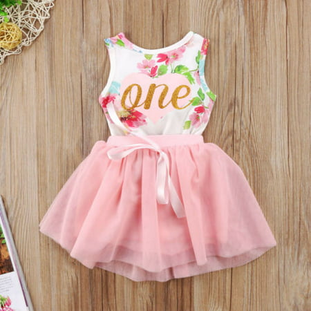 Baby Girl 1st Birthday Party Dress Floral Romper Tutu Skirt Outfit Clothes