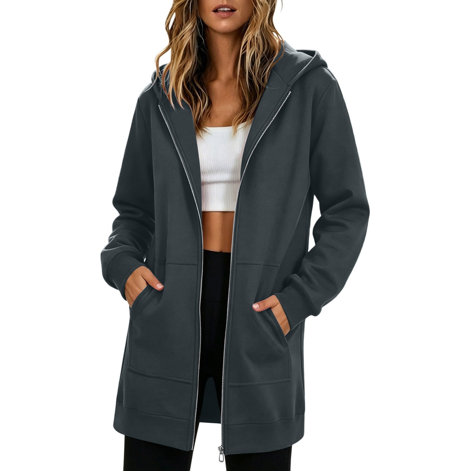 Women s Long Full Zip Hooded Jackets Oversized Tunic Sweatshirt Outerwear Coat with Pockets for Loungewear Daily Casual Dark Gray XL