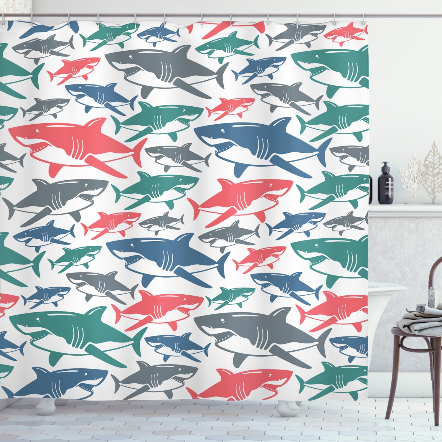 Shark Shower Curtain, Mix of Colorful Bull Shark Family Pattern Masters