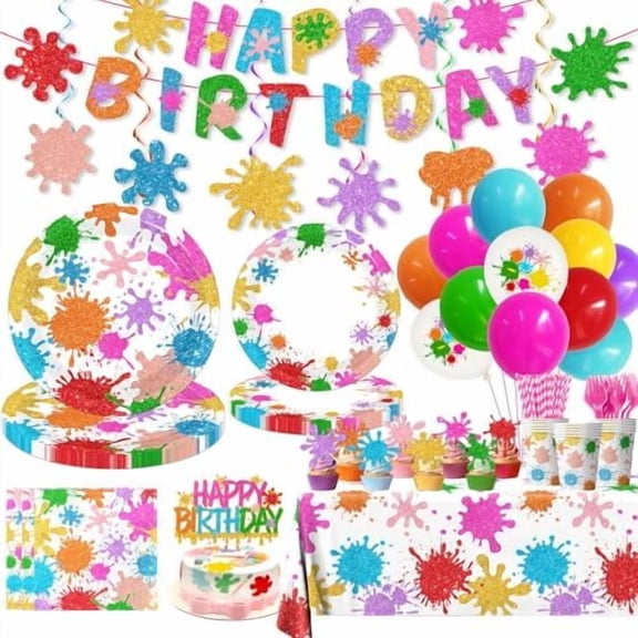 Paint Party Decorations 215Pcs Paint Splatter Party Supplies Art Party Decorations Plates,Napkins,Cups,Balloon,Cake Topper,Tablecloth for Art Painting Party Supplies Birthday Baby Shower Decorations
