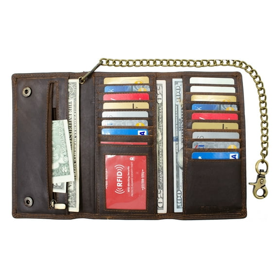 Unisex Vintage Hunter Antique Leather Biker Trifold Chain Wallet with RFID Blocking
