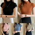 thumbnail image 5 of Women's Basic Solid Half Turtleneck Short Sleeve Slim Fit Ribbed Knit Tee T Shirts, 5 of 7