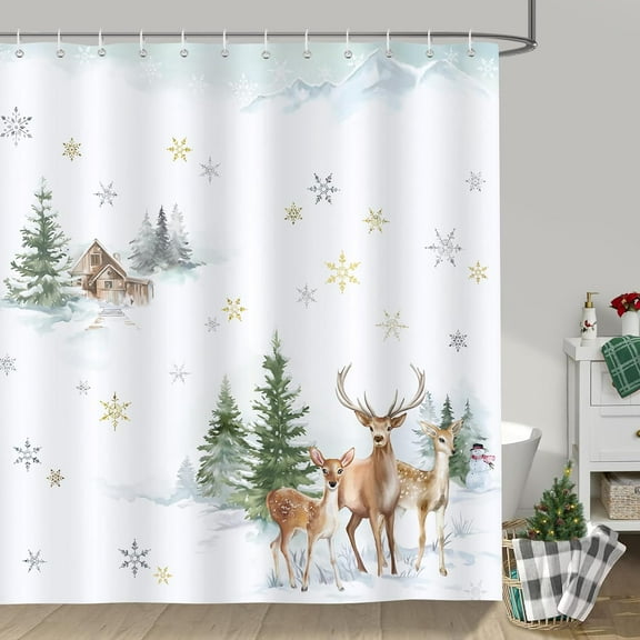 Winter Forest Shower Curtain Pine Tree Deer Snowflake Christmas Holiday Decorative Bath Curtain 72 x 72 Inch Polyester Fabric Waterproof Bathroom Curtain with 12 Hooks