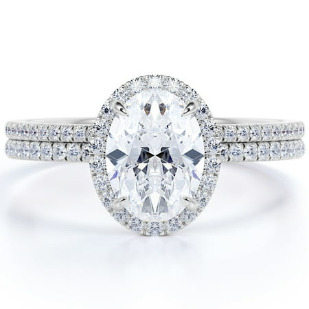 JeenMata Antique Design 1.75 carat Oval Cut Moissanite Halo Bridal Ring Set in 18k White Gold Over Silver