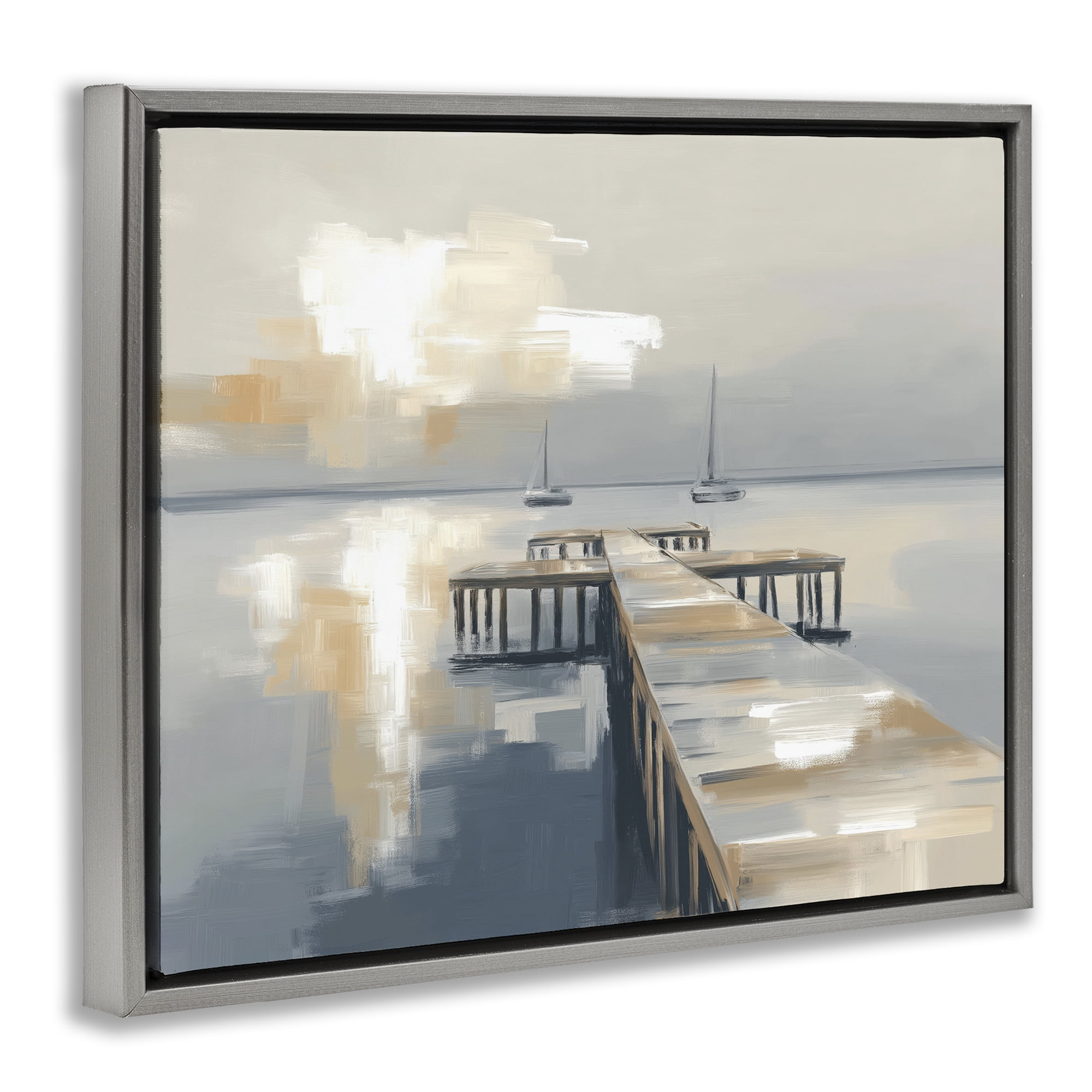 Stupell Industries Pier with Two Boats Seascape Gray Framed Floater Canvas Wall Art, design by Kim Curinga