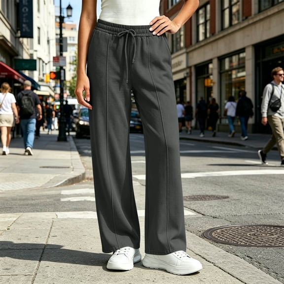 Women's Vertical Center Seam Straight Leg Sweatpants Drawstring Elastic Waist Front Back Stitching Relaxed Full Length Silhouette for Neighborhood Strolls Dark Gray L