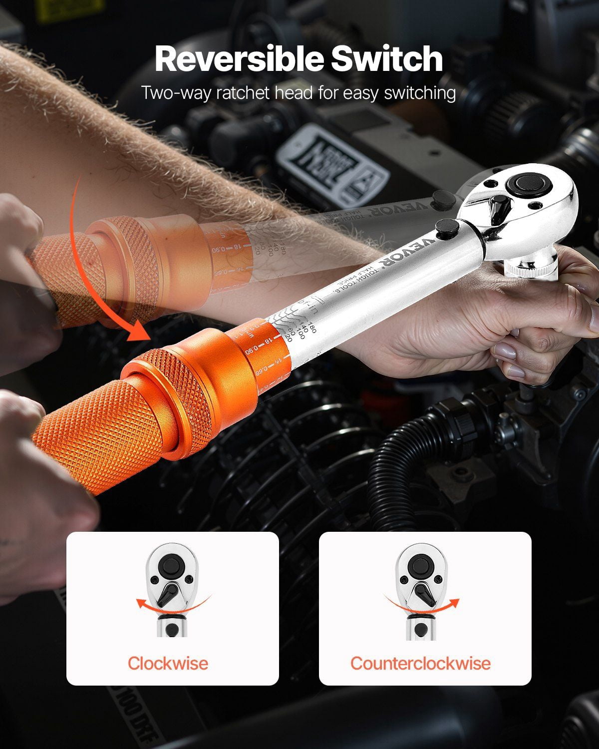 Precision Click Torque Wrench 1/4 Inch Drive 20-200 Inch Pounds 2.3-22.6 Newton Meters 72-Tooth Orange Handle