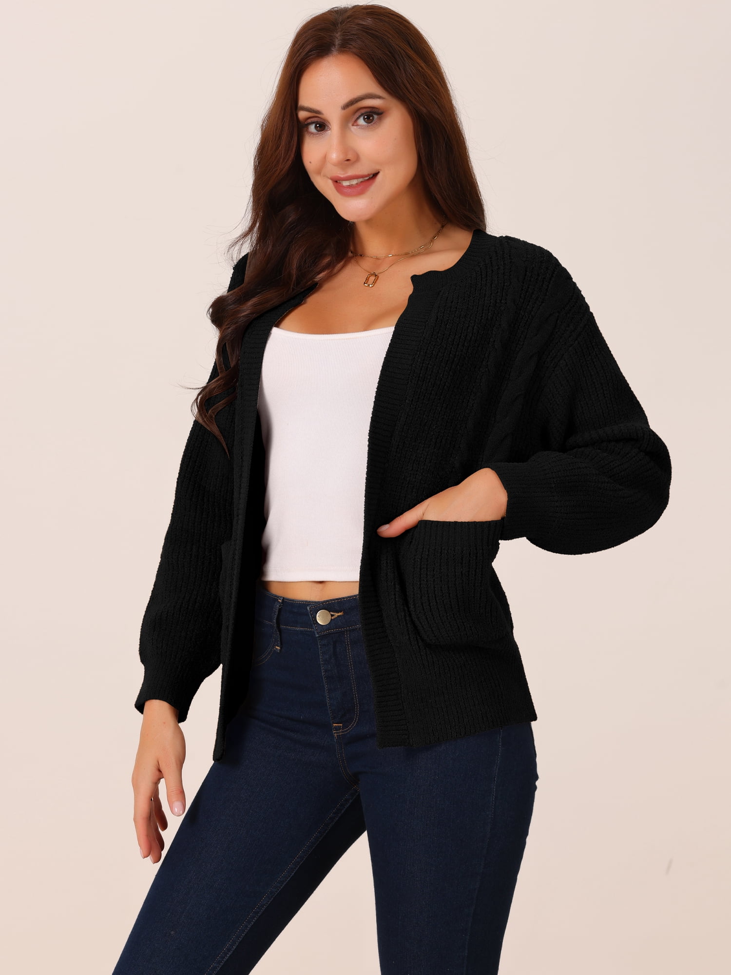 DARING DIVA Women's Open Front Knitted Casual Cardigan with Pockets L Black