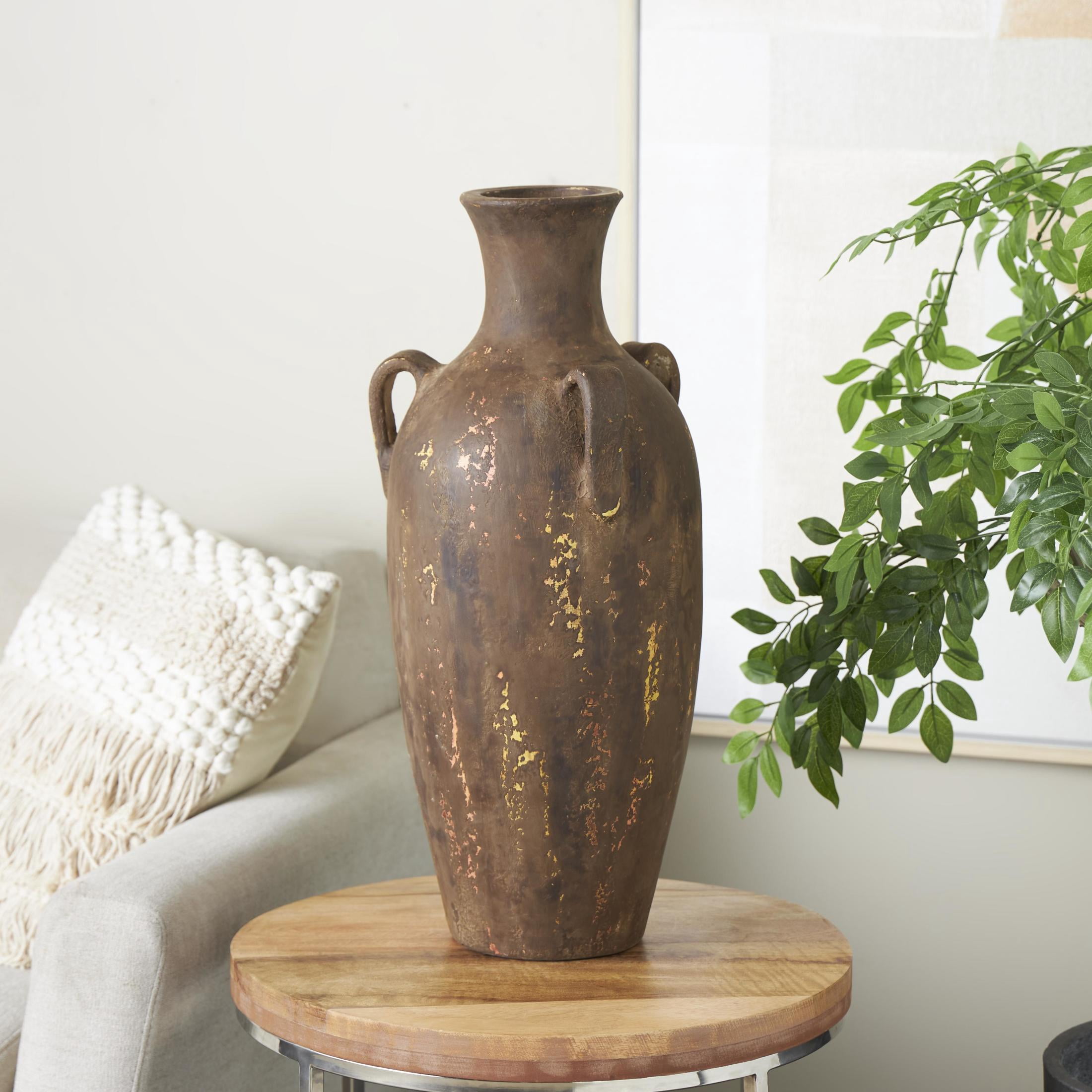 DecMode 24" Antique Style Distressed Dark Brown Ceramic Vase with Handles