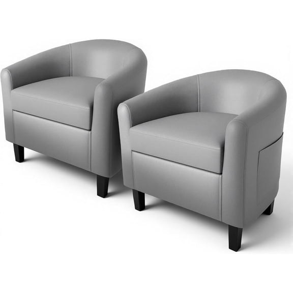 Accent Chairs Set of 2 Faux Leather Chairs Barrel Club Chairs Comfy Living Room Chairs with Sturdy Legs for Bedroom Reading Room Waiting Room(Gray)