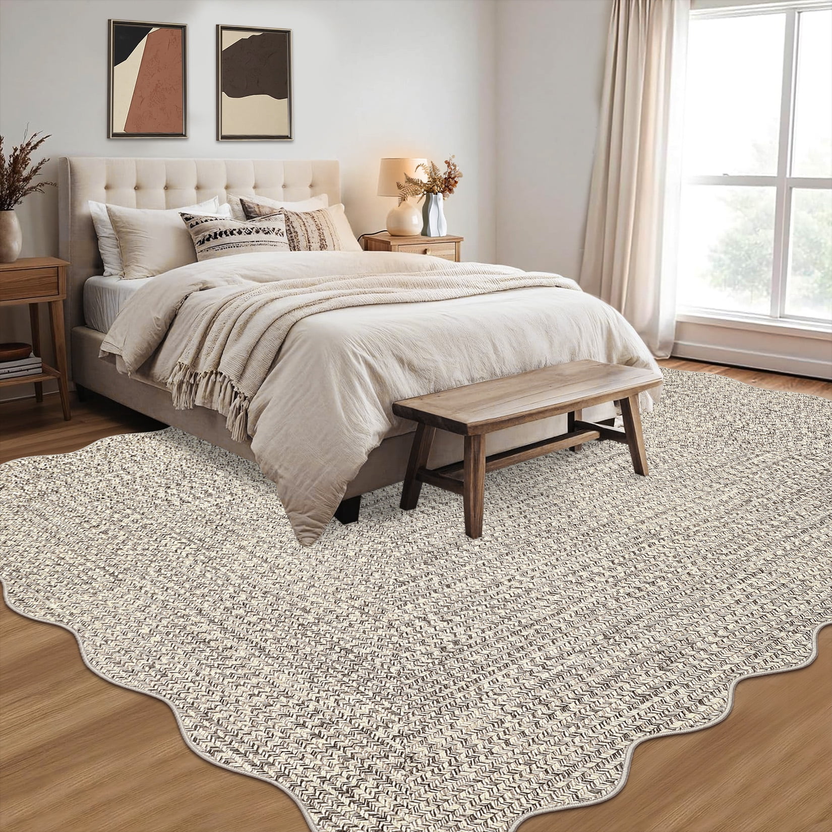 Garvee 10'x13' Scalloped Rug Farmhouse Braided Print Carpet, Washable Rug Soft Non Slip Low Pile Rug Indoor Neutral Carpet for Living Room Bedroom Dining Room, Beige Gray