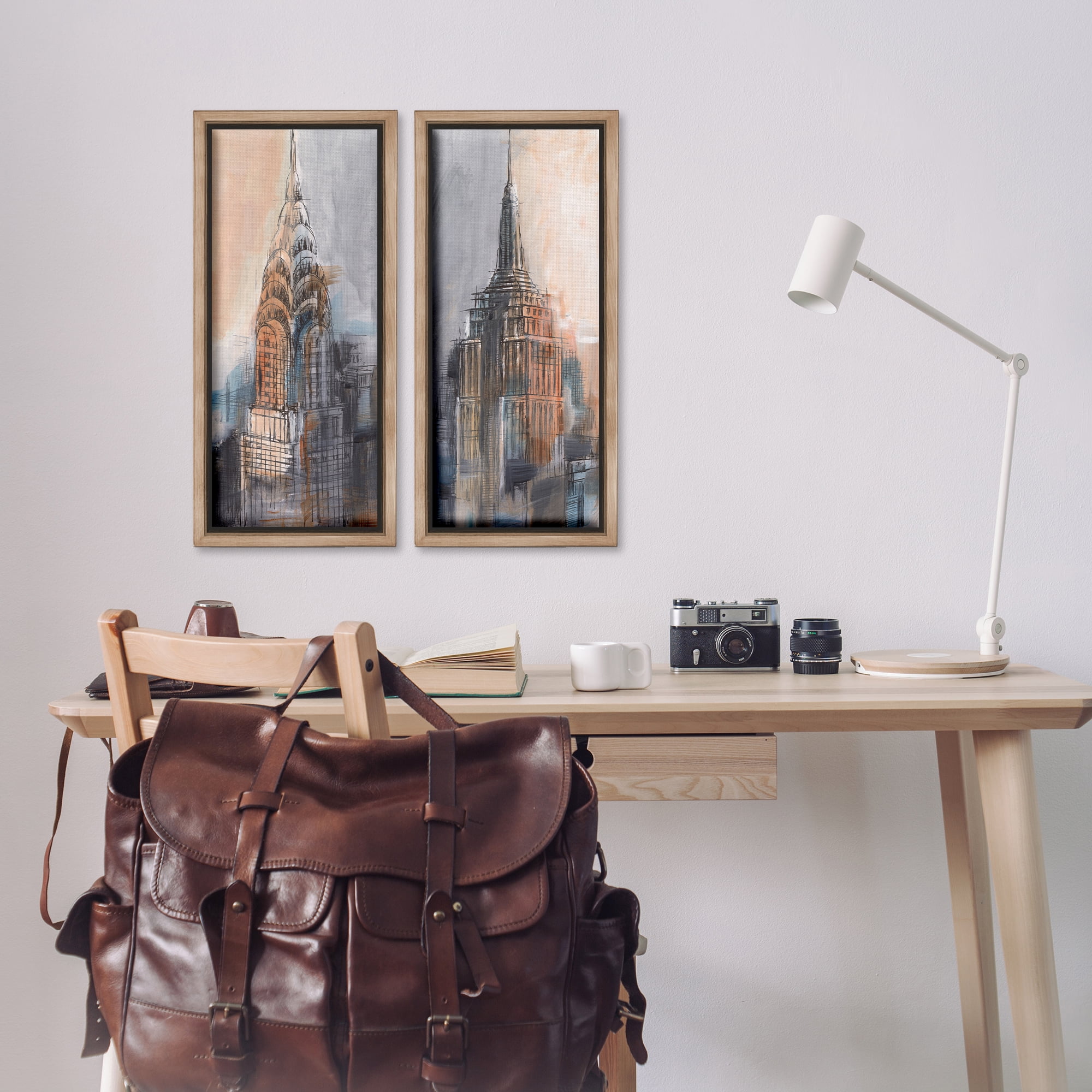 Stupell Industries City Architecture Sketches Scenic & Cityscapes Painting Brown Floater Framed Canvas Art Print Wall Art, 11 x 25, Set of 2