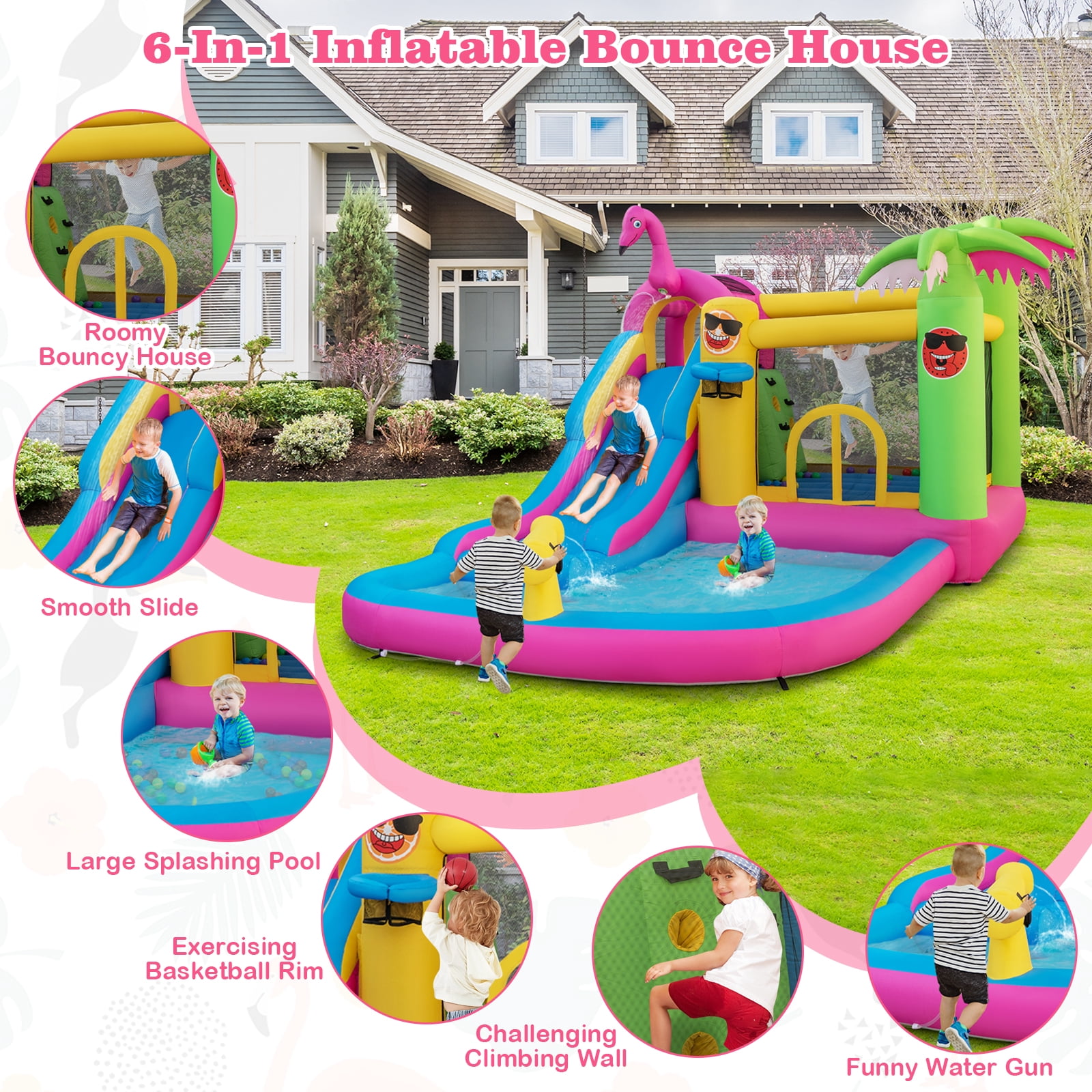 Topbuy 6-In-1 Dry Damp Combo Water Slide Inflatable Bouncy House with Climbing Wall Blowup Jumping Castle