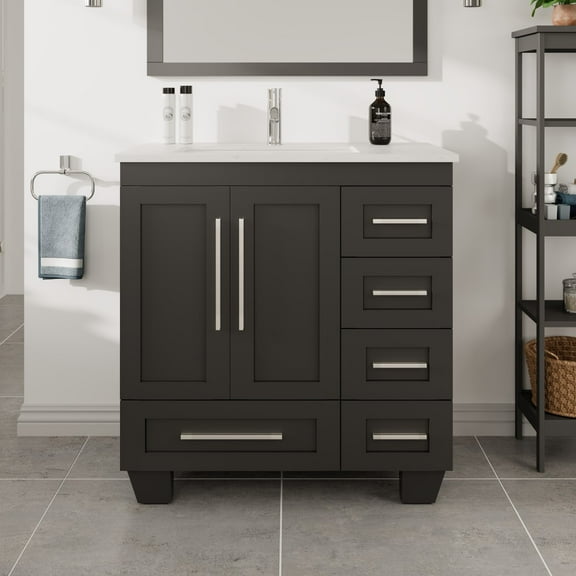 Eviva Loon 30" Long Handles Transitional Espresso Bathroom Vanity with White Carrara Quartz Countertop