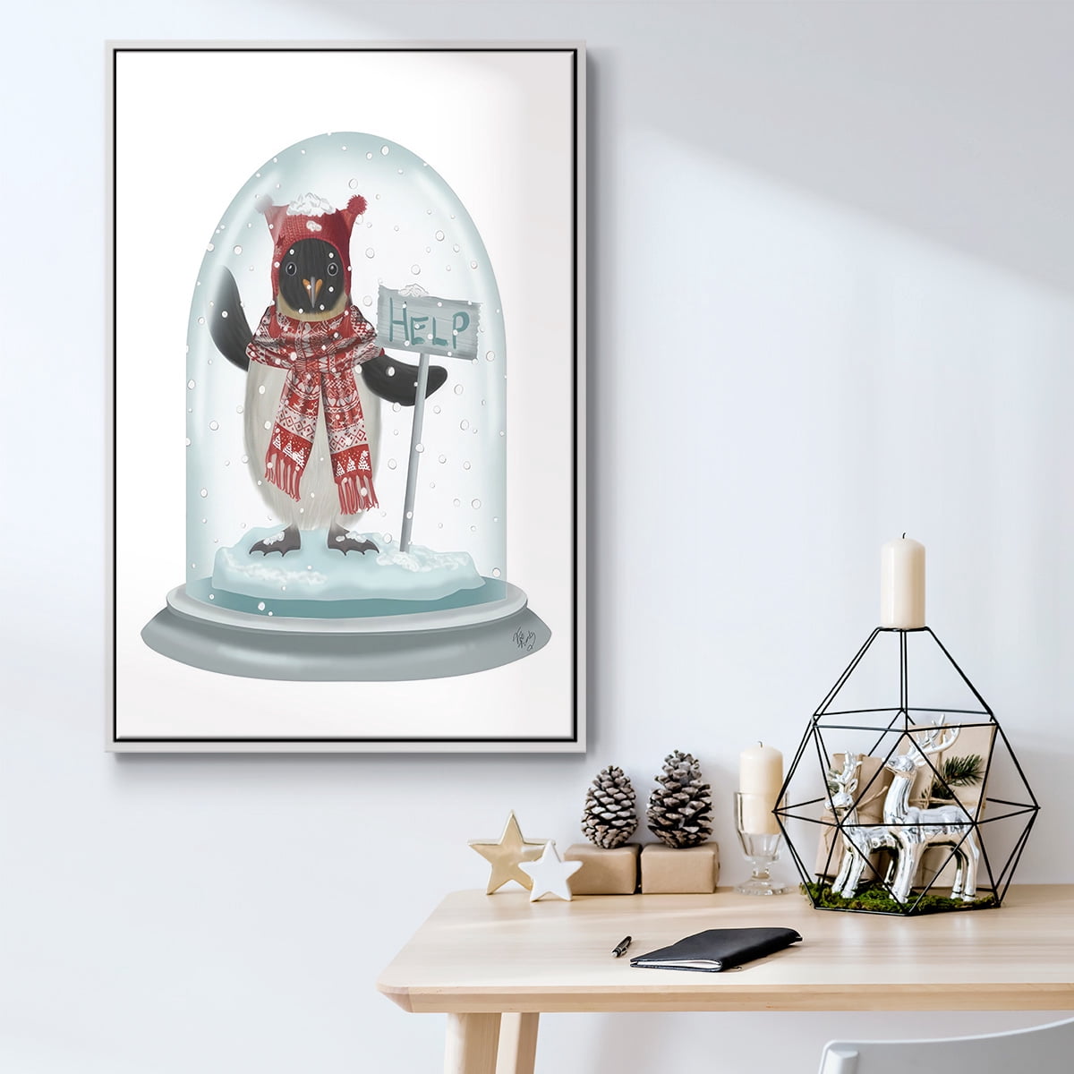 Christmas Penguin Snow Globe - Framed Gallery Wrapped Holiday Canvas - 17 x 25 - White Frame