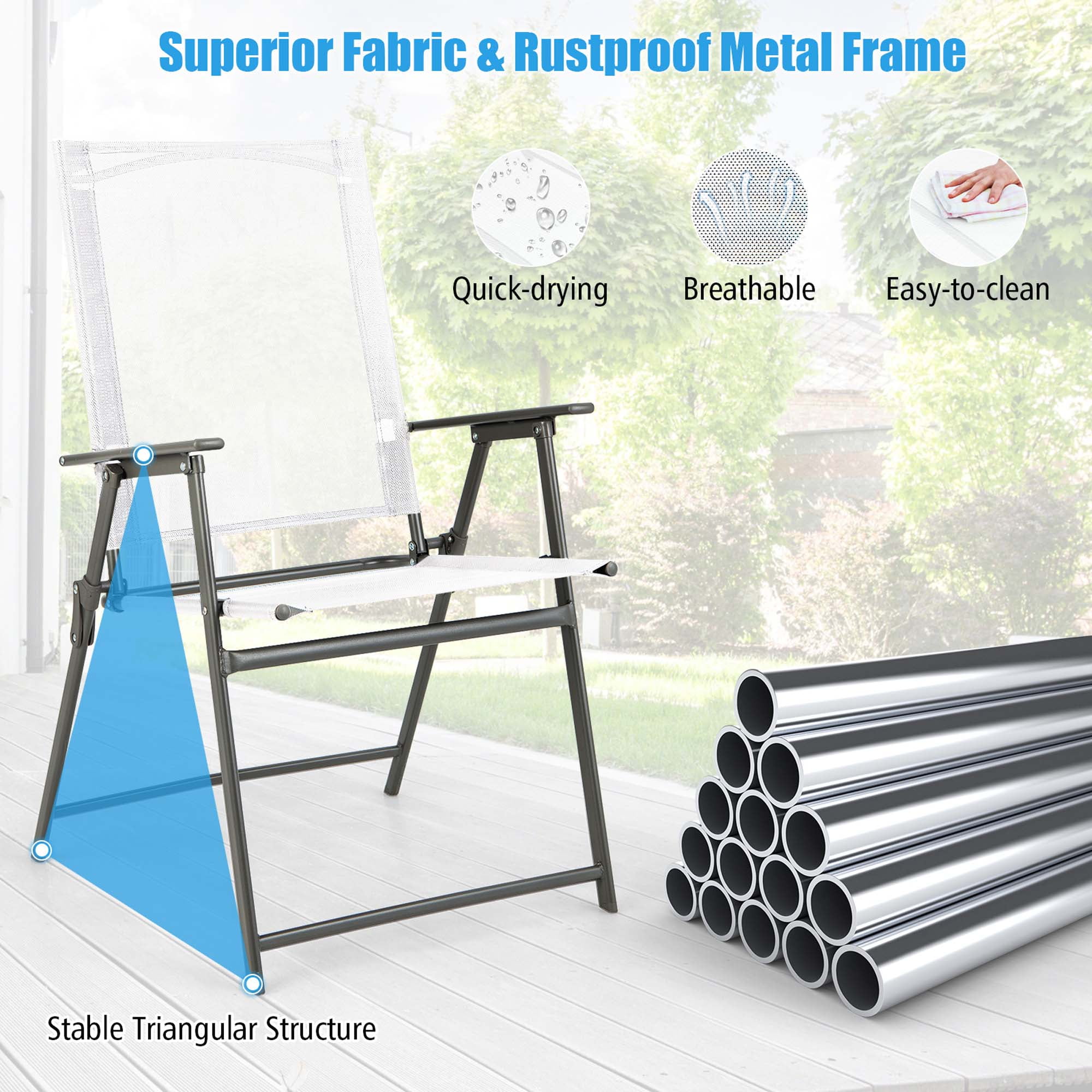 Costway 2 PCS Patio Folding Portable Dining Chairs Metal Frame Armrests Outdoor White