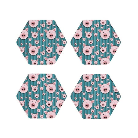 

Tebeau Funny Pig Faces Print Set of 4 Leather Drink Coasters Round Cup Mat Pad for Home and Kitchen Use 4 -Hexagon