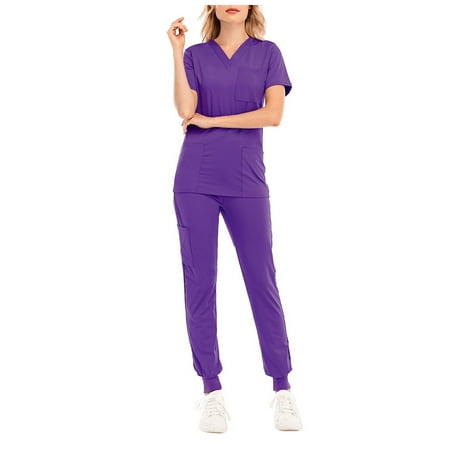 

Sksloeg Jogger Scrubs for Women Set 3 Pocket Scrub Top with 1 Pocket Drawstring Scrub Pant Womens Classic Fit Scrub Set Purple XL